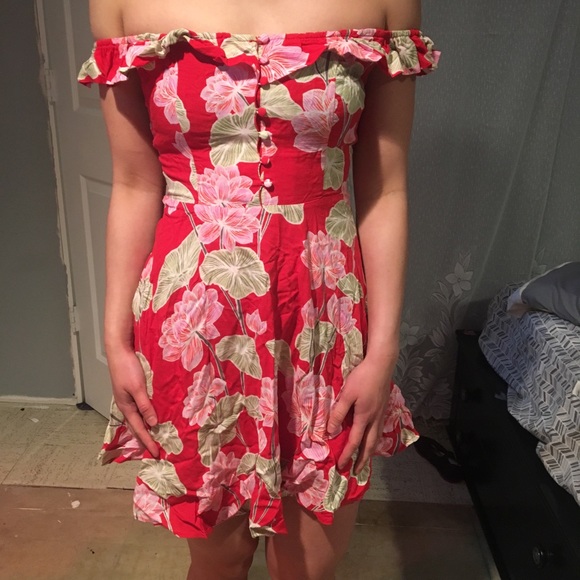 red floral off the shoulder dress